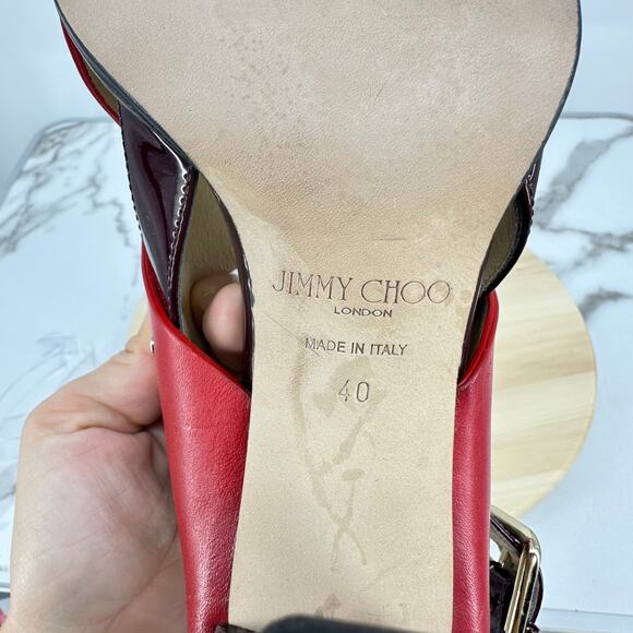 JIMMY CHOO Platform Sandal AIX 125 Red Leather Wood Heels Gold Patent Size 40 - Picture 9 of 12